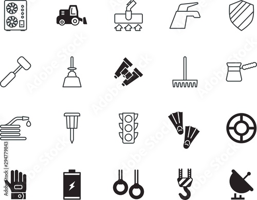 equipment vector icon set such as: antenna, electrical, copper, outside, global, tractor, hammer, hose, drink, everyday, cultivator, bean, broadcasting, vision, relaxation, pipe, fabric, help, trip