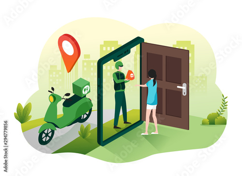 Online food delivery service concept. Fast food shipping with courier and scooter illustration for webpage, landing page, infographic and banner