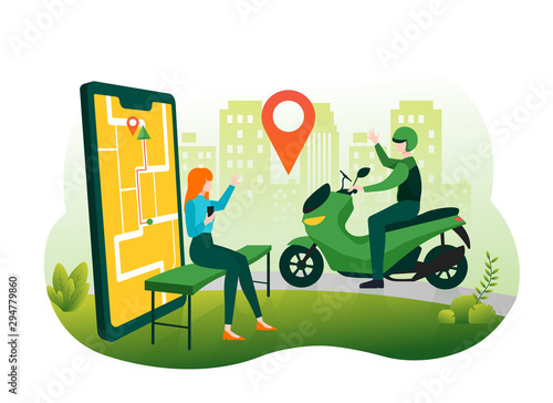 Woman ordering online motorcycle transportation using smartphone app service. Illustration for webpage, landing page, infographic and banner