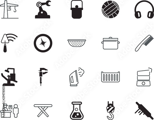 equipment vector icon set such as: stylish, automation, luggage, worker, rolling, furniture, press, logistics, cloth, stereo, laundry, lunch, yellow, button, label, accessory, border, chemistry