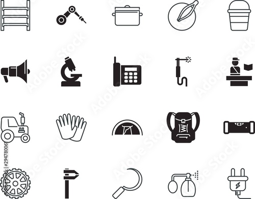 equipment vector icon set such as: box, leisure, engine, test, relaxation, wear, shelving, border, caliper, kitchenware, editable, leveling, picnic, cleaner, shelves, office, blade, metallic, plug