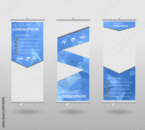 Roll Up Banner template and info graphics stand design, advertisement, display, business flyer, polygon background. vector illustration.