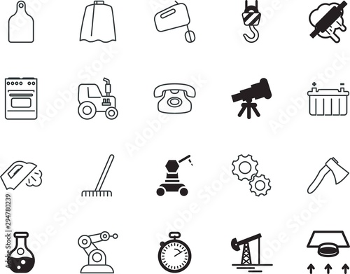 equipment vector icon set such as: oil, cooker, race, charger, gasoline, orange, crane, beaker, raking, portable, development, tractor, scientific, teamwork, flow, hipster, hatchet, rake, chopping