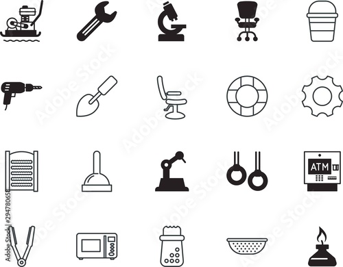 equipment vector icon set such as: fitness, emblem, sea, fabrication, research, personal, utensils, straightener, gymnast, dollar, progress, training, fire, gray, virus, lifeguard, round, trowel, sos