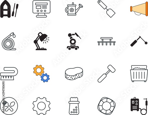 equipment vector icon set such as: survival, hole, torch, pollution, dinner, megaphone, danger, lake, vacation, logo, coffee, raft, brush, wire, grinder, dining, recycling, safe, disinfectant