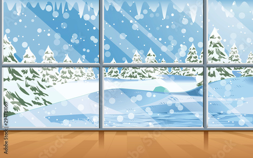 landscape of snow forest at glass window in the house