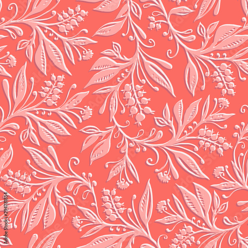 Floral seamless pattern with leaves and berries. Hand drawn and digitized. Background for title, image for blog, decoration. Design for wallpapers, textiles, fabrics.