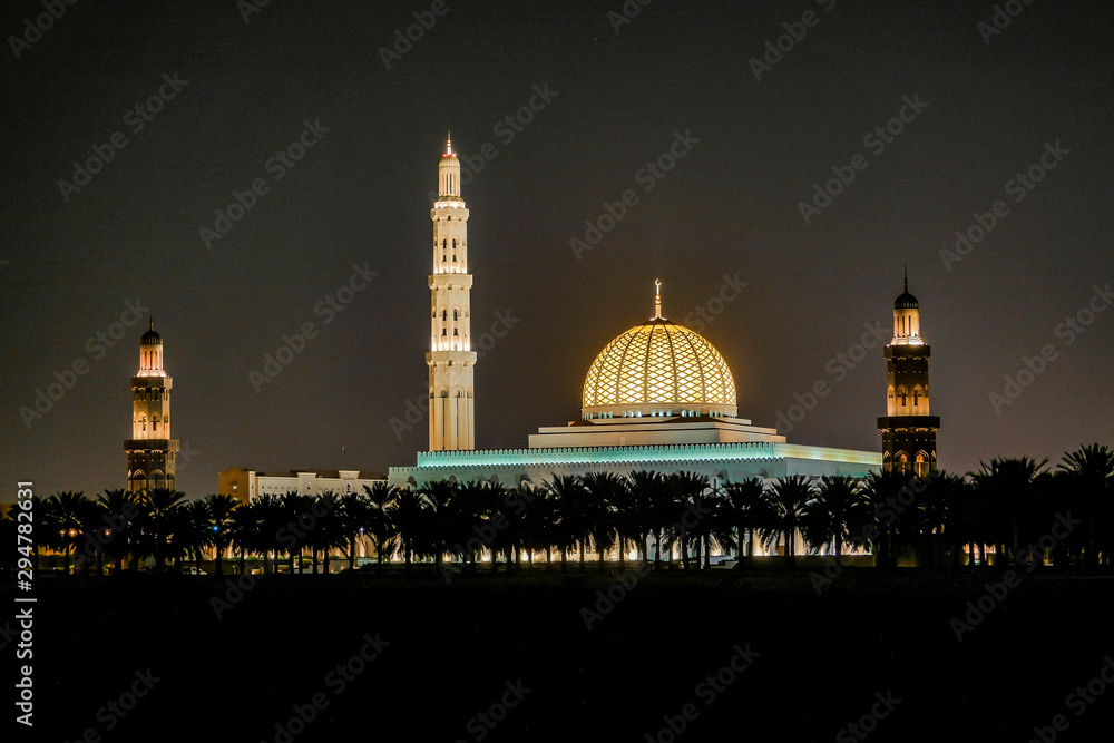 Muscat, Oman Sultan Qaboos Grand Mosque at night
