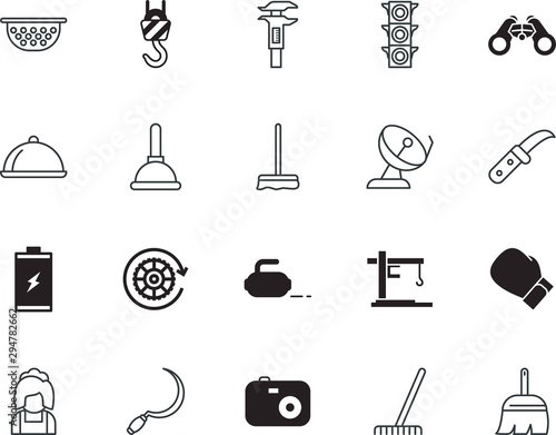 equipment vector icon set such as: measurement, website, remove, pipeline, sink, room, horticulture, winter, focus, glove, garbage, cutter, calliper, waiter, sweep, chef, cogwheel, vernier, boxer