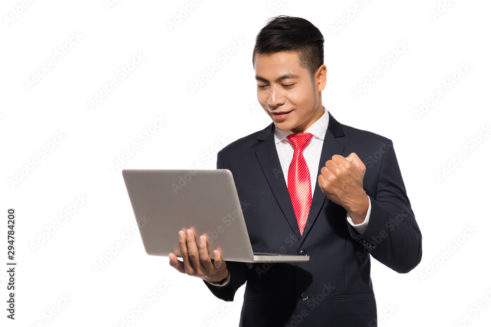 Asian business using laptop computer isolated on white background Asian business using laptop computer isolated on white background