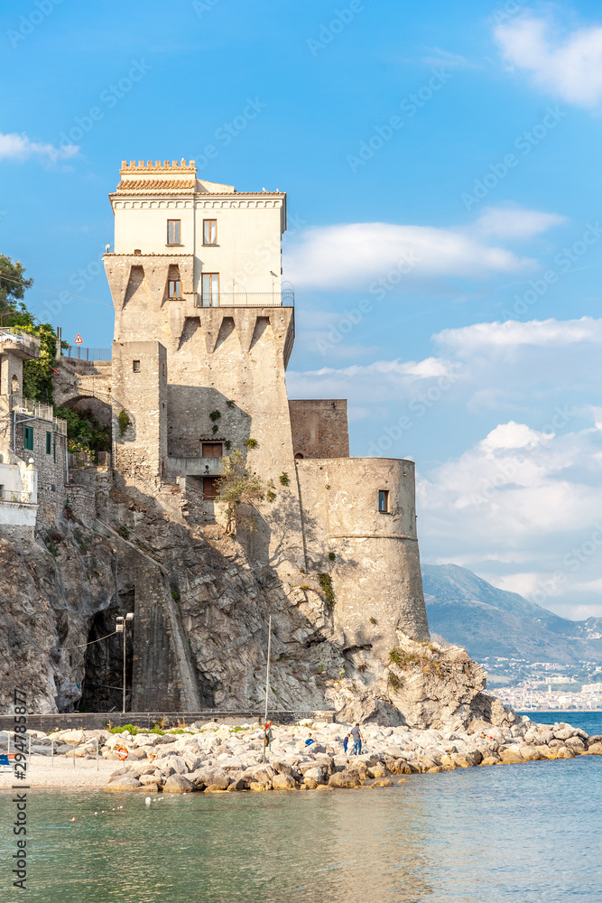 Norman Tower in Cetara, beautiful Mediterranean village on Amalfi Coast, Costiera Amalfitana, Campania, Italy, Naples