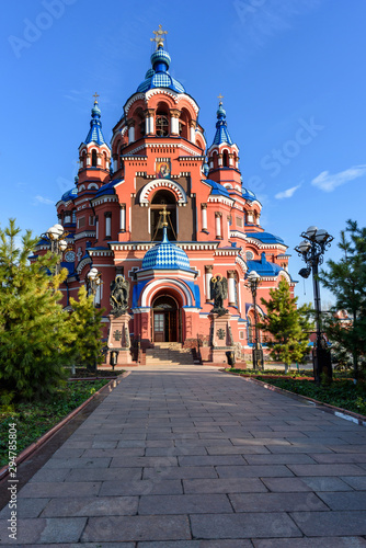 Irkutsk, Russia - October 8, 2019: Beautiful view of the church of Our Lady of Kazan with trees