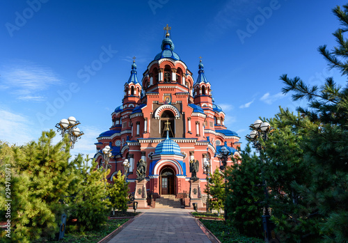 Irkutsk, Russia - October 8, 2019: Beautiful view of the church of Our Lady of Kazan with trees