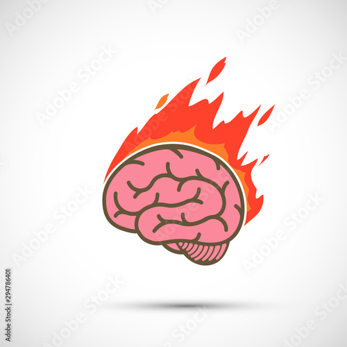 Icon human brain burns in flame. Migraine or stress photo