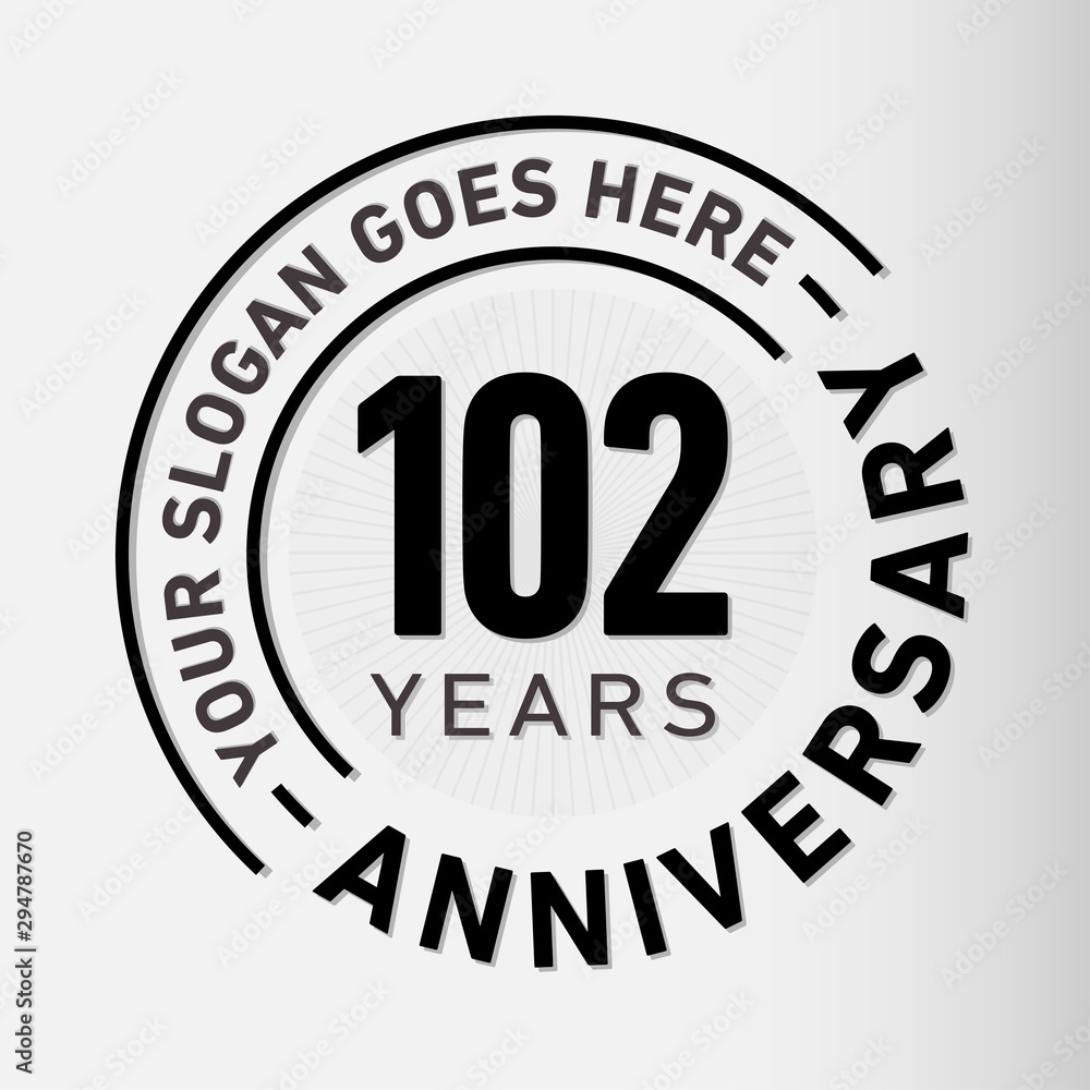 102 years anniversary logo template. One hundred and two years celebrating logotype. Vector and illustration.