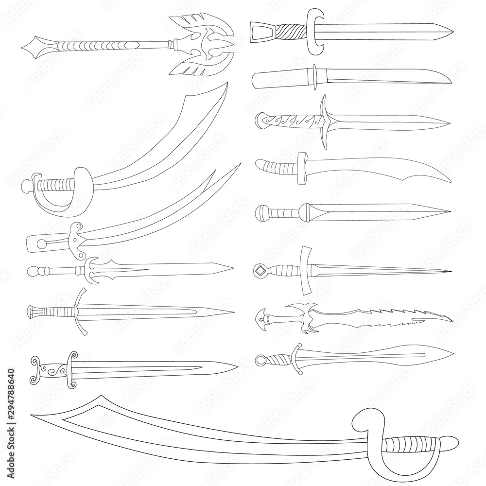 white background, sketch sword, saber, cold steel, set white background, sketch sword, saber, cold steel, set
