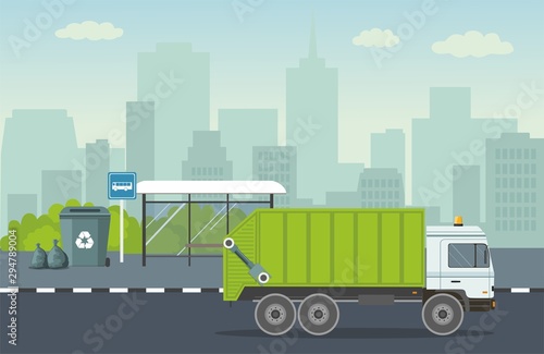 Garbage truck picking up recycle trash bin in residential area. Vector 
