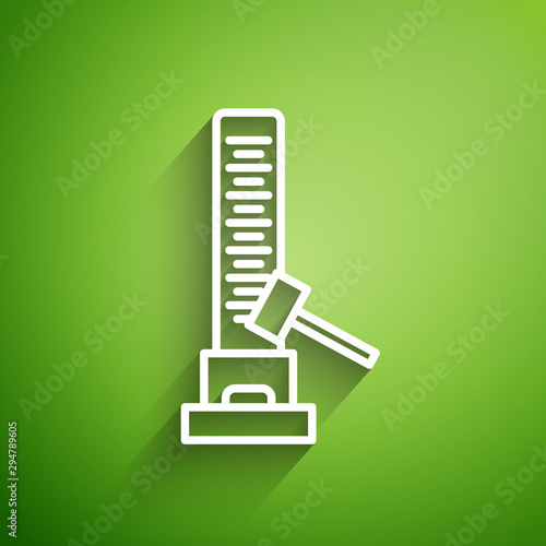 White line High striker attraction with big hammer icon isolated on green background. Attraction for measuring strength. Amusement park. Vector Illustration