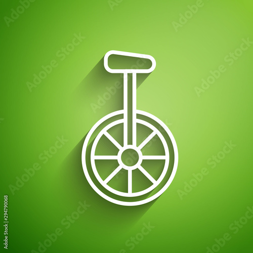 White line Unicycle or one wheel bicycle icon isolated on green background. Monowheel bicycle. Vector Illustration