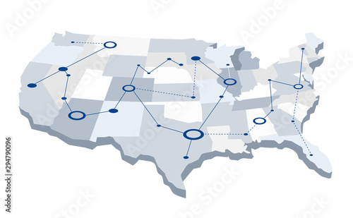 USA graphic network map. A map of the United States with some states connected between them. Vector illustration
