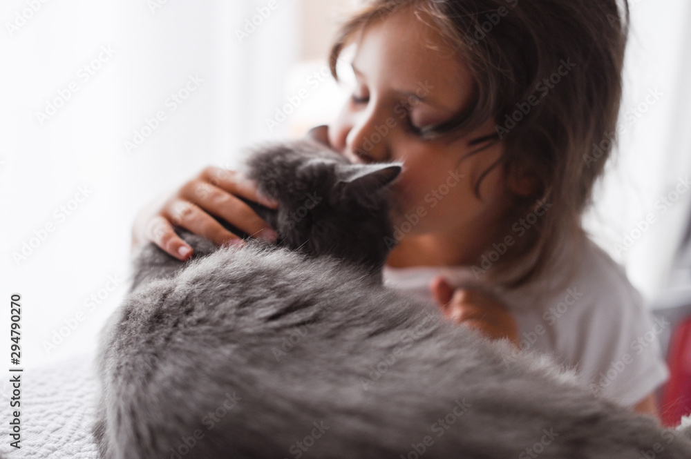 Little girl kisses a cat on the bed in the room. The friendship of people and animals. Relationships and love for pets