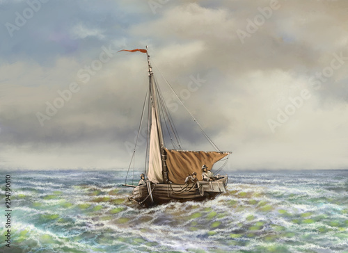 Digital oil paintings sea landscape  fisherman  sailing ship in the sea. Fine art  artwork