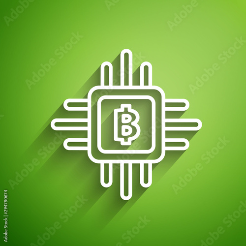White line CPU mining farm icon isolated on green background. Bitcoin sign inside processor. Cryptocurrency mining community. Digital money. Vector Illustration