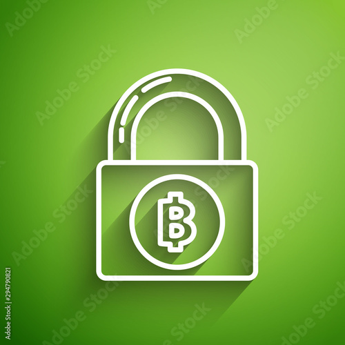 White line Lock with bitcoin icon isolated on green background. Cryptocurrency mining, blockchain technology, security, protect, digital money. Vector Illustration