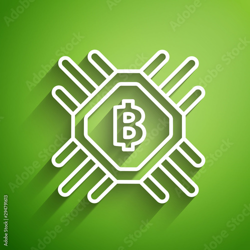White line CPU mining farm icon isolated on green background. Bitcoin sign inside processor. Cryptocurrency mining community. Digital money. Vector Illustration