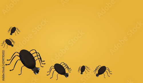 Halloween Karte mit 6 Spinnen auf orangem Hintergrund