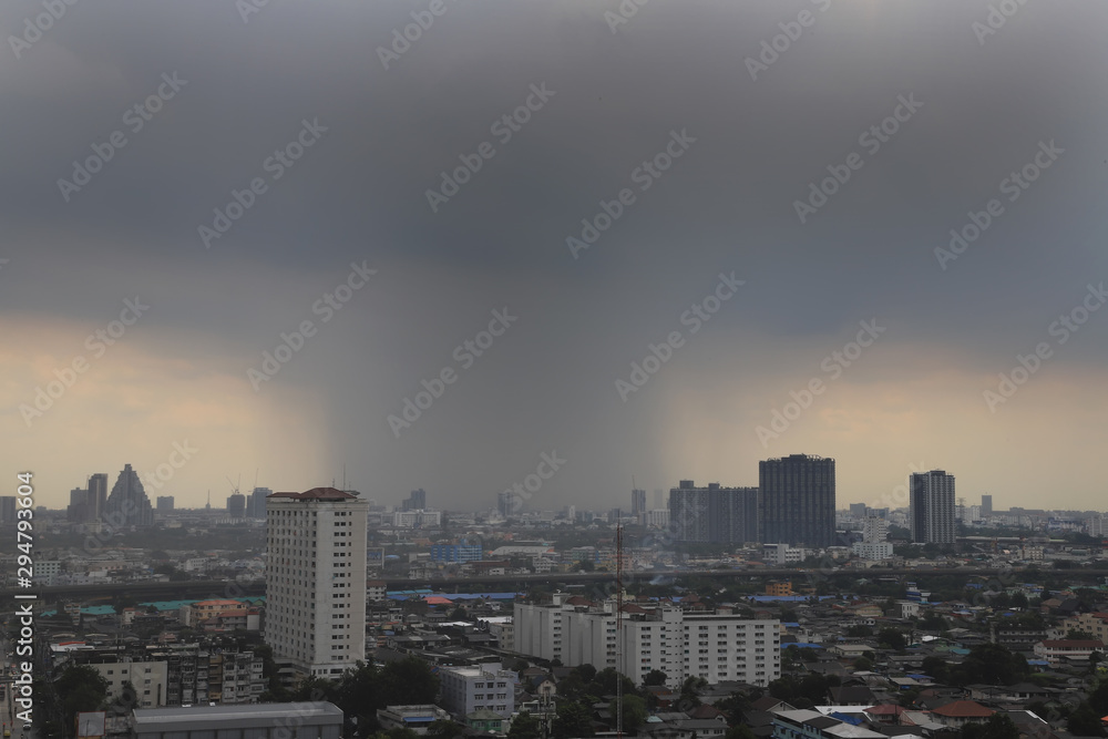 Top view of heavy rainy clouds over city of Bangkok, Thailand