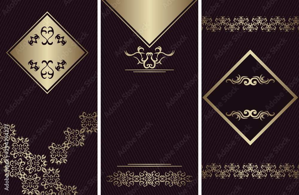 Set of three vector cards with a vintage frames on dark striped background