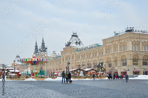 Moscow, Russia - February 8, 2018: Winter view of Red square and GUM-fair near GUM trading house