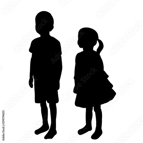 vector, isolated, silhouette of a little girl and boy
