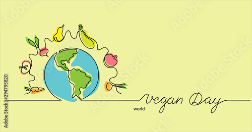 World vegan day hand drawn vector illustration. Vegetarian color background border with planet  vegetables and fruits.One continuous line drawing. Vegan day lettering.