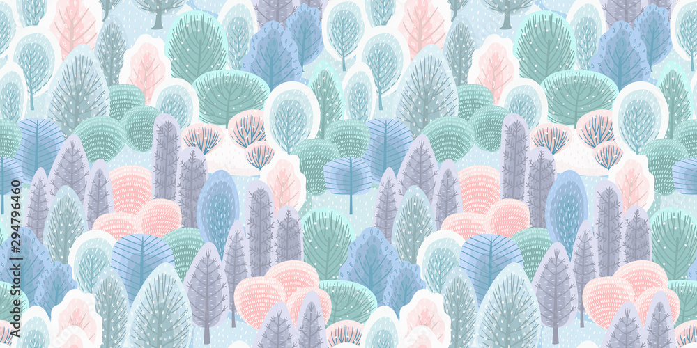 Abstract seamless pattern with winter forest. Vector background for various surface.