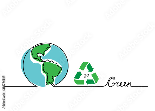 Go green vector concept. Lettering with earth and recycle sign. One, continuous line drawing go green background, banner, illustration.