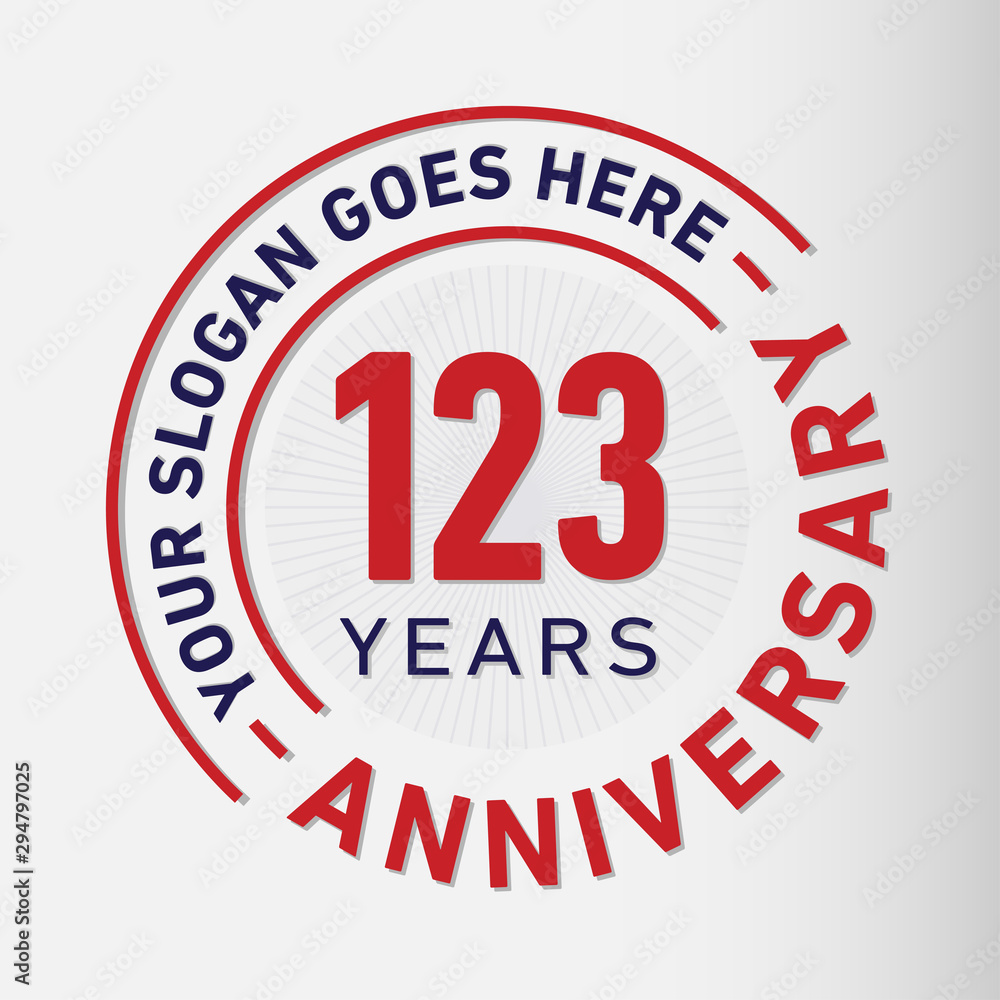 123 years anniversary logo template. One hundred and twenty-three years celebrating logotype. Vector and illustration.