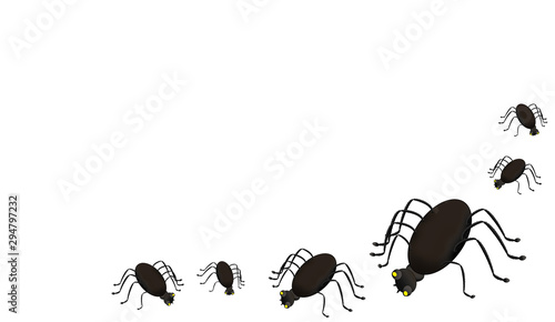 Halloween Karte mit 6 Spinnen von rechts mit gelb leuchtenden Augen auf weißem Hintergrund