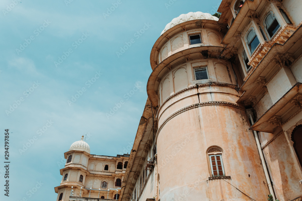 Closeup View of the City Palace against the blue sky in Udaipur, Rajasthan, India 