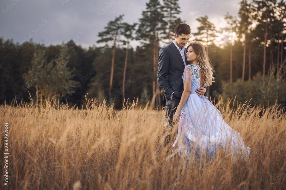 happy bride and groom are walking on the autumn meadow happy bride and groom are walking on the autumn meadow