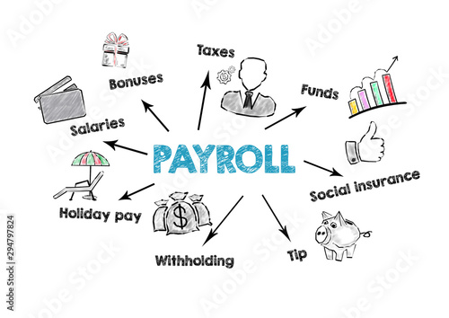 Payroll, work, opportunities, finance and insurance concept. Chart with keywords and icons on white background photo