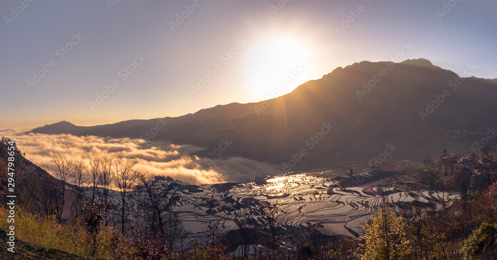 Panoramic view Terraced rice fields of YuanYang , China with beautiful sun rise