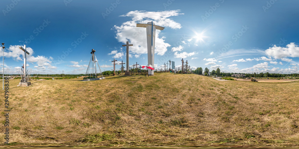 Full spherical seamless hdri panorama 360 degrees angle view on gravel road near mountain of crosses monument on hill in equirectangular projection, VR AR virtual reality content. pilgrim's place Full spherical seamless hdri panorama 360 degrees angle view on gravel road near mountain of crosses monument on hill in equirectangular projection, VR AR virtual reality content. pilgrim's place