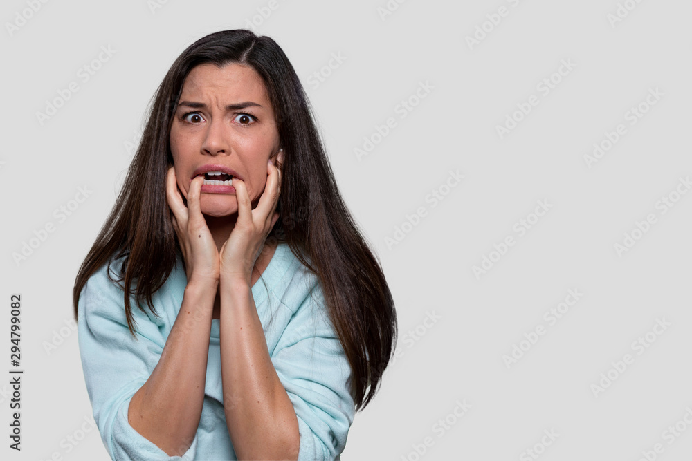 Female suffering from panic attack, uncontrollable thoughts, overwhelmed with inner conflict stress, mental illness, hormonal issues, copy space Female suffering from panic attack, uncontrollable thoughts, overwhelmed with inner conflict stress, mental illness, hormonal issues, copy space