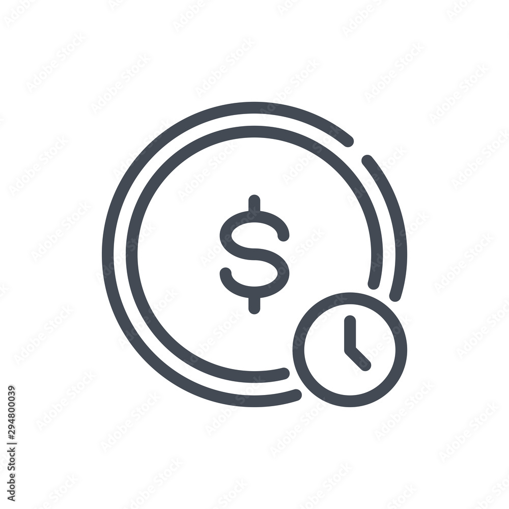 Time is money line icon. Dollar coin with clock watch vector outline sign. Time is money line icon. Dollar coin with clock watch vector outline sign.