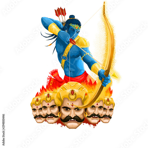 Maha Durga, Chandika Aparajita digital art illustration, t-shirt print, man with arrow. Vijayadashami Dasahara, Dusshera, Dasara, Dussehra Dashain major Hindu festival celebrated at end of Navratri photo