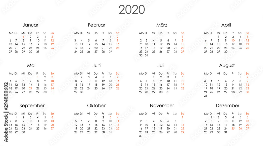 Kalender 2020 Jahresplaner Jahreskalender Kalendervorlage Einfach Stock  Vector | Adobe Stock