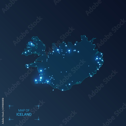 Iceland map with cities. Luminous dots - neon lights on dark background. Vector illustration.