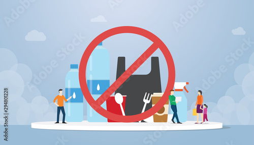 stop plastic campaign with various bottles plastics and other with team people and ban symbol with modern flat style - vector